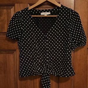 LOFT Black and White Tie Front Short Sleeve Blouse
